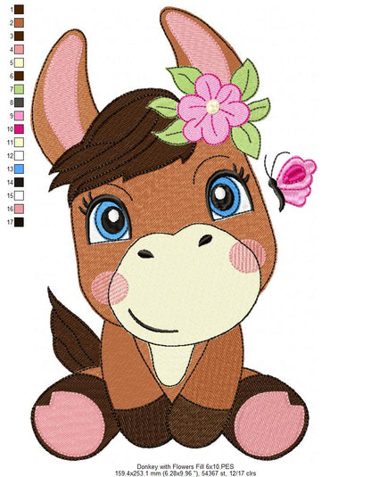 Sweet Donkey with Flowers - Fill Stitch - Machine Embroidery Design