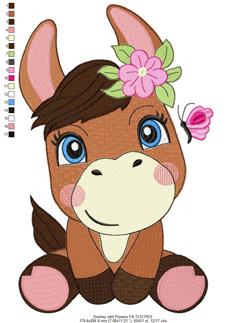 Sweet Donkey with Flowers - Fill Stitch - Machine Embroidery Design