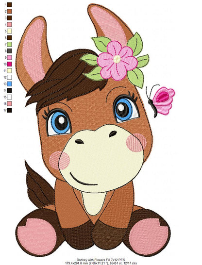 Sweet Donkey with Flowers - Fill Stitch - Machine Embroidery Design