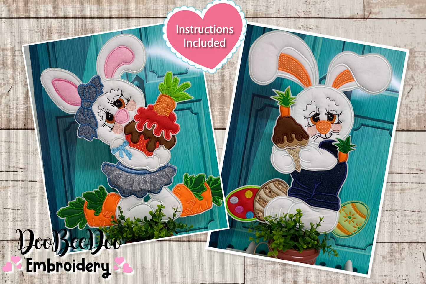 Bunny Couple With Carrot Ornament - ITH Project - Machine Embroidery Design