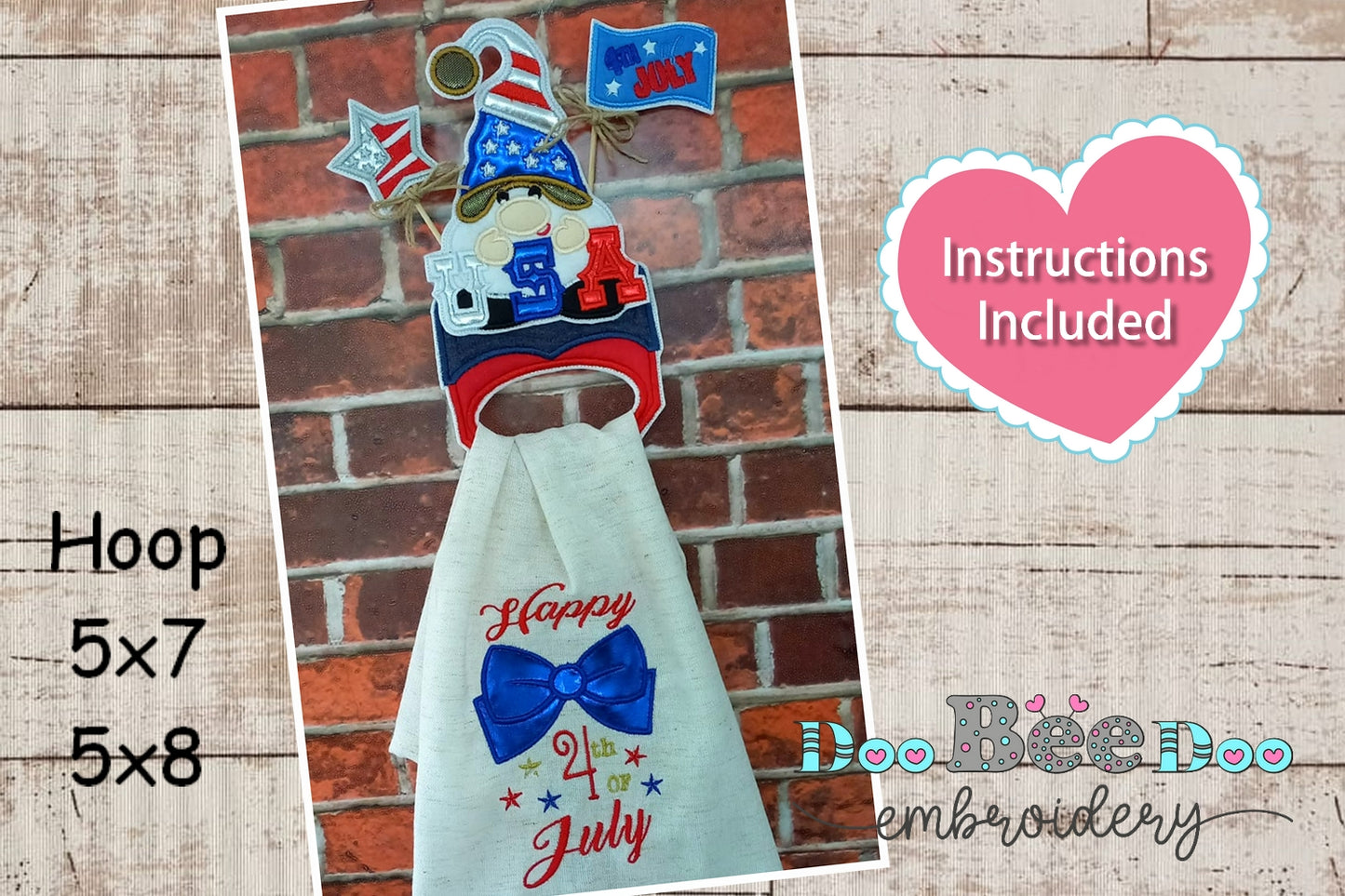 Gnome 4th of July Dish Towel Holder - ITH Project - Machine Embroidery Design