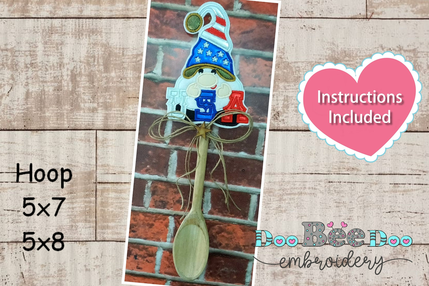 Gnome 4th of July for Wooden Spoon - ITH Project - Machine Embroidery Design