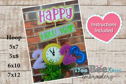 Happy New Year 2023 Vase Ornament - ITH Project - Machine Embroidery Design