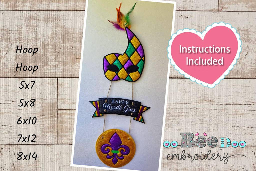 Happy Mardi Gras Door Ornament - ITH Project - Machine Embroidery Design