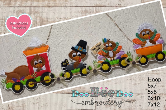 Turkey Train Thanksgiving Door Ornament - ITH Project - Machine Embroidery Design