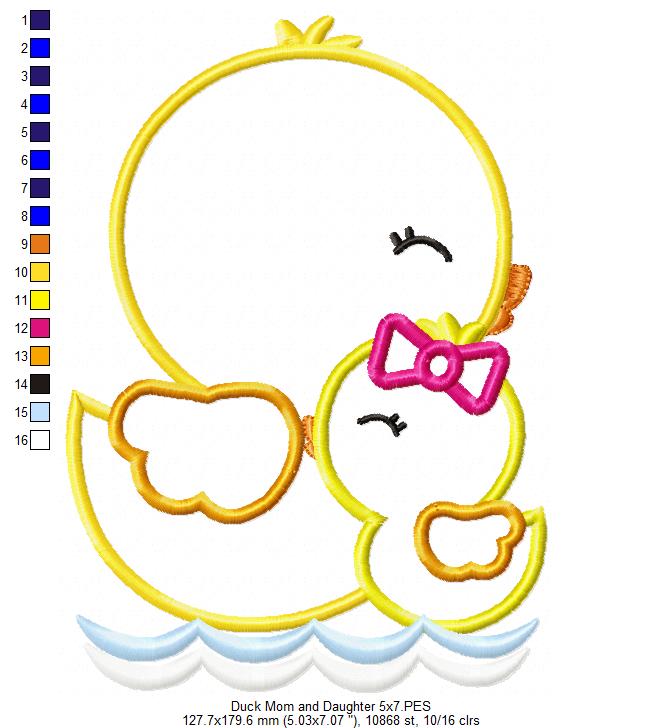 Duck Mom and Daughter – Applique Stitch – Machine Embroidery Design