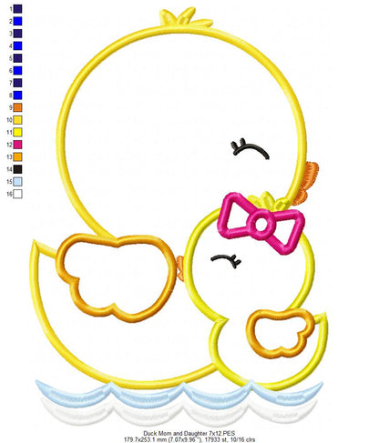 Duck Mom and Daughter – Applique Stitch – Machine Embroidery Design