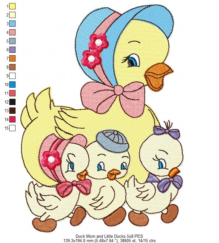 Duck Mom and Little Ducks - Fill Stitch
