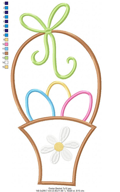 Sweet Easter Basket with Eggs - Appliqué - Machine Embroidery Design