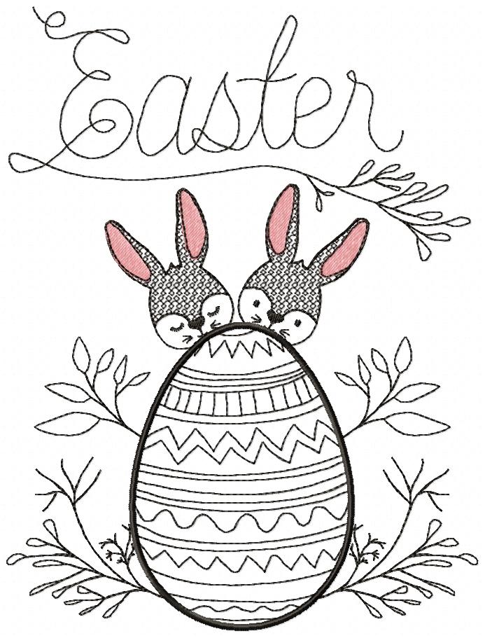 Easter Bunnies and Egg - Redwork