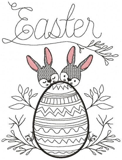 Easter Bunnies and Egg - Redwork