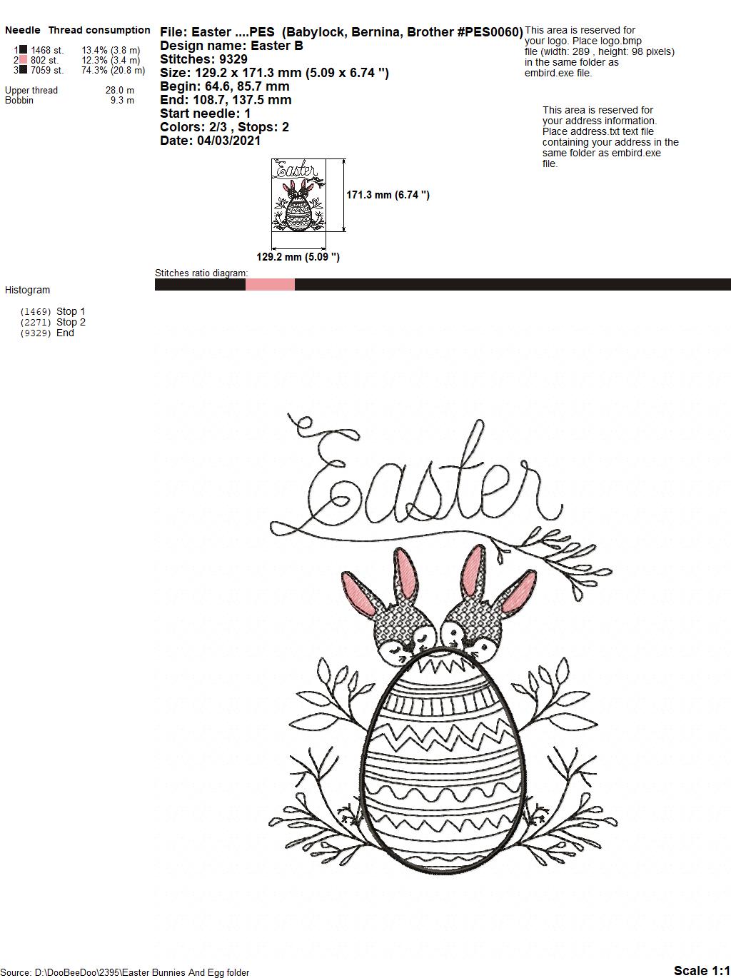 Easter Bunnies and Egg - Redwork