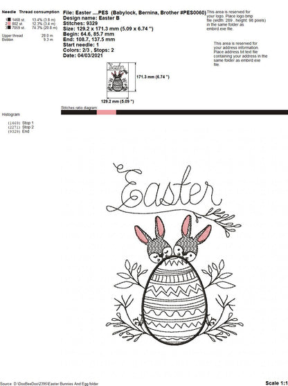 Easter Bunnies and Egg - Redwork