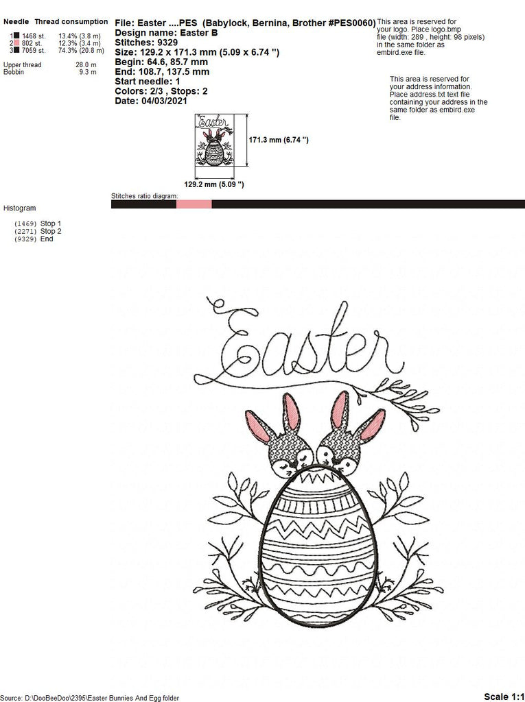 Easter Bunnies and Egg - Redwork