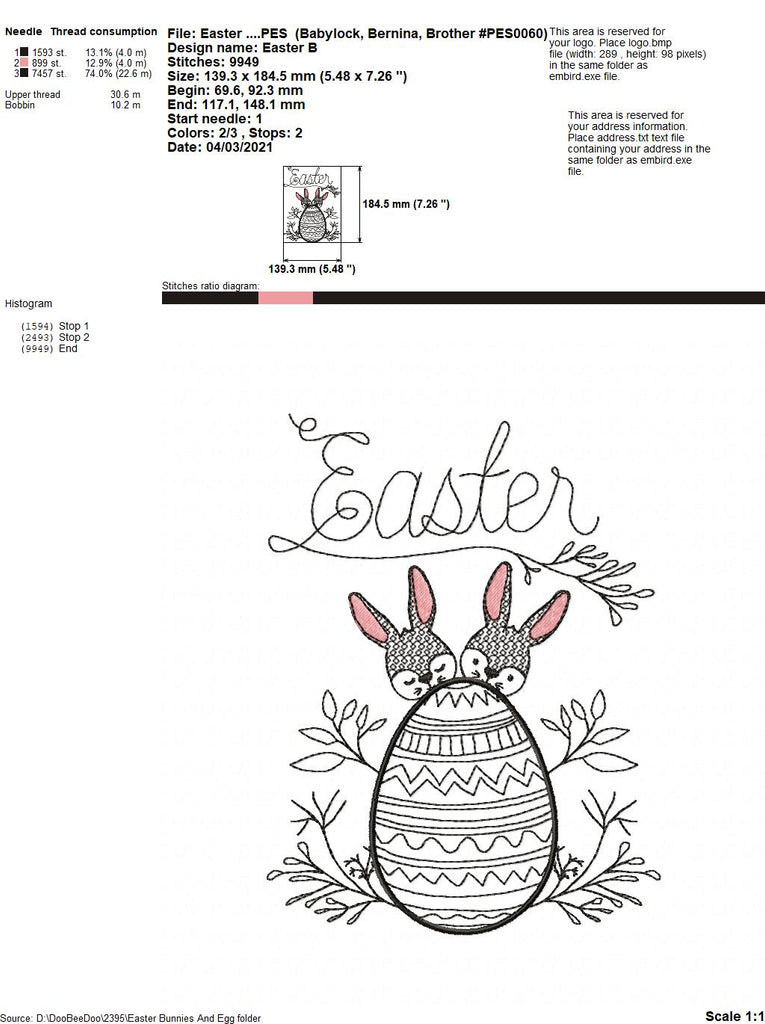 Easter Bunnies and Egg - Redwork