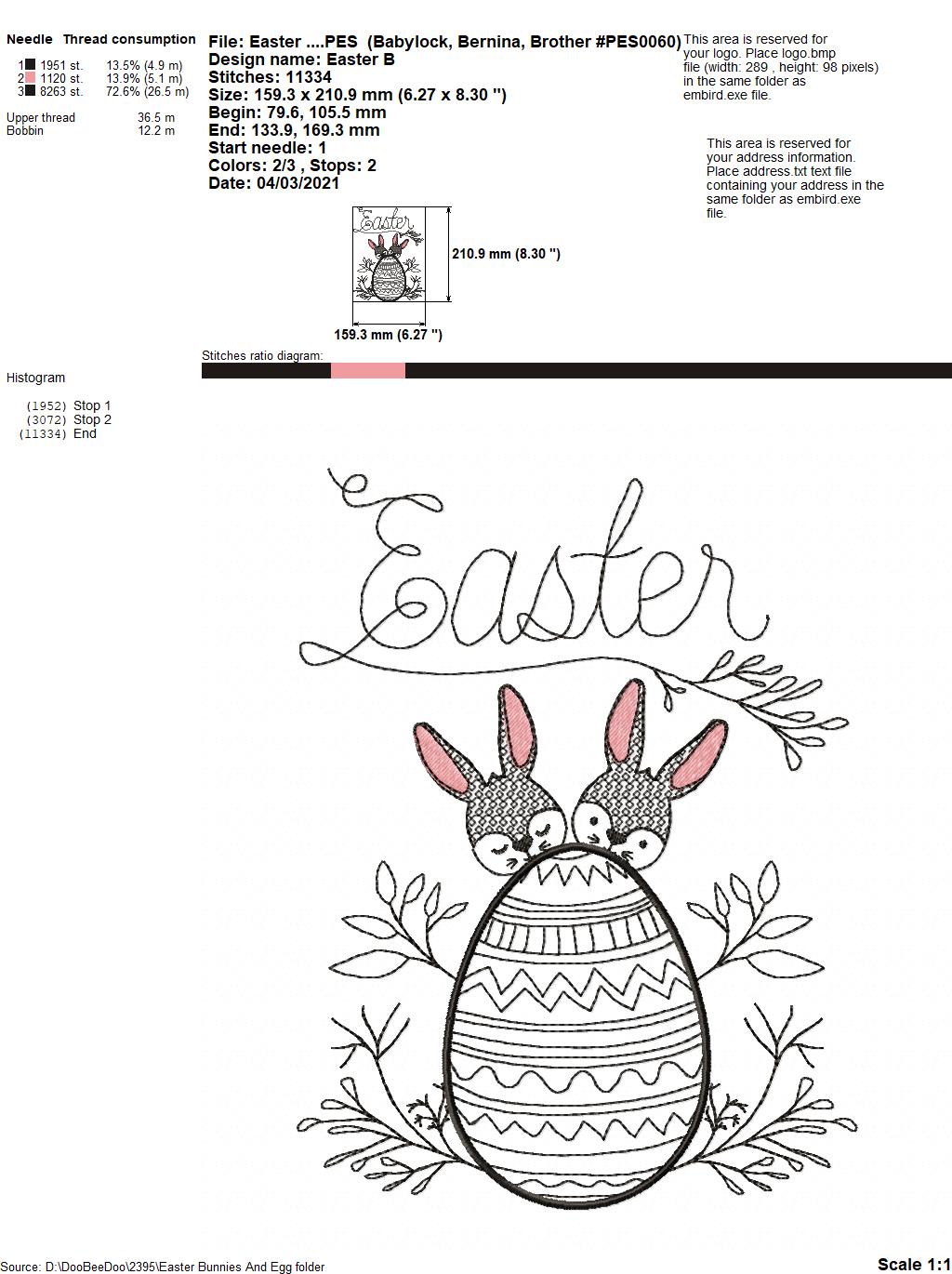 Easter Bunnies and Egg - Redwork