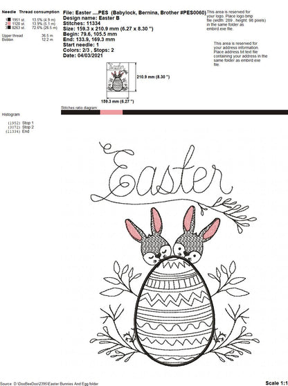 Easter Bunnies and Egg - Redwork