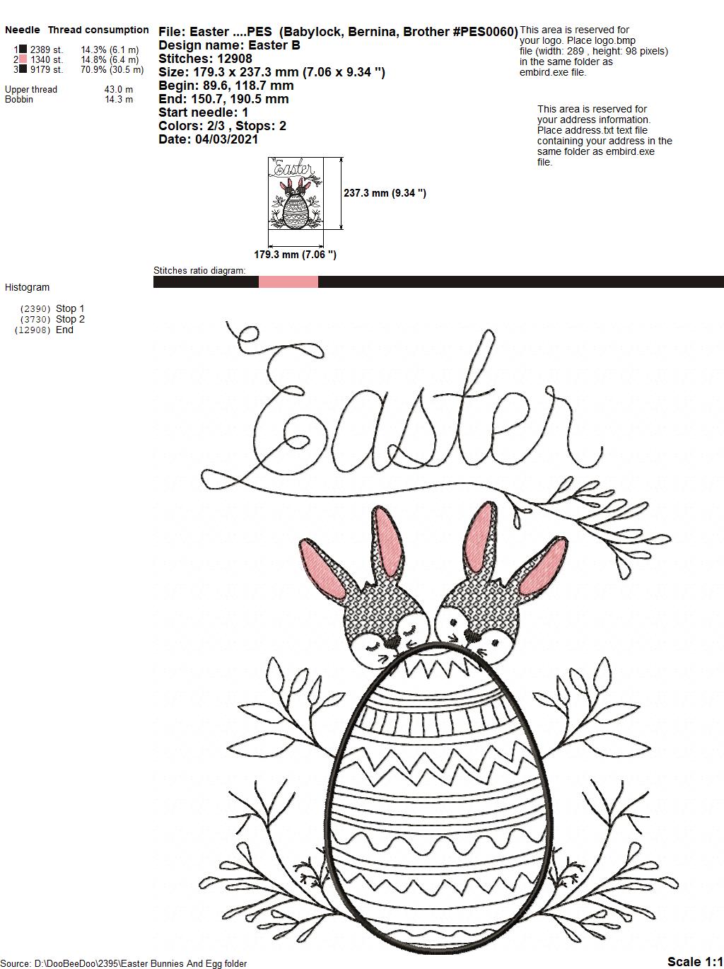 Easter Bunnies and Egg - Redwork