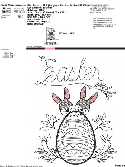 Easter Bunnies and Egg - Redwork