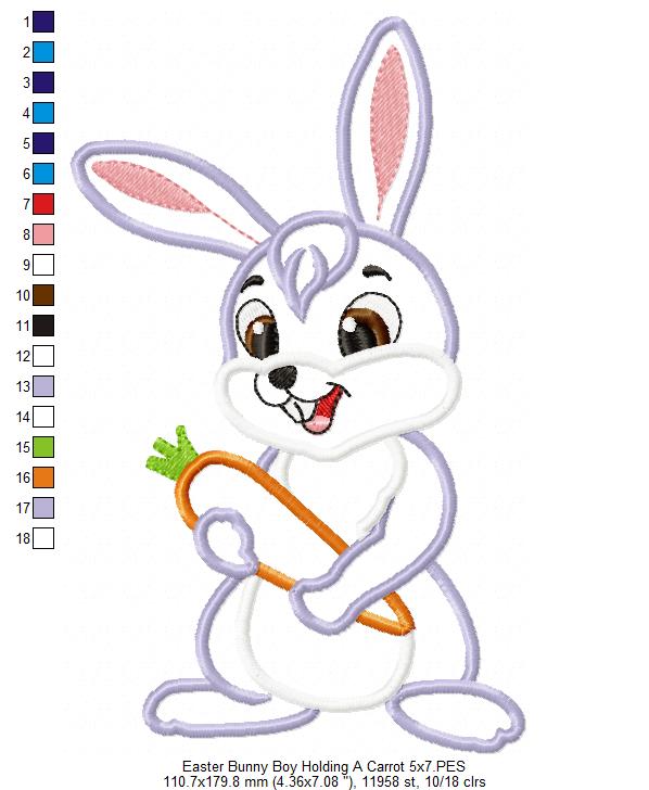 Easter Bunny Boy Holding a Carrot - Applique - Machine Embroidery Design