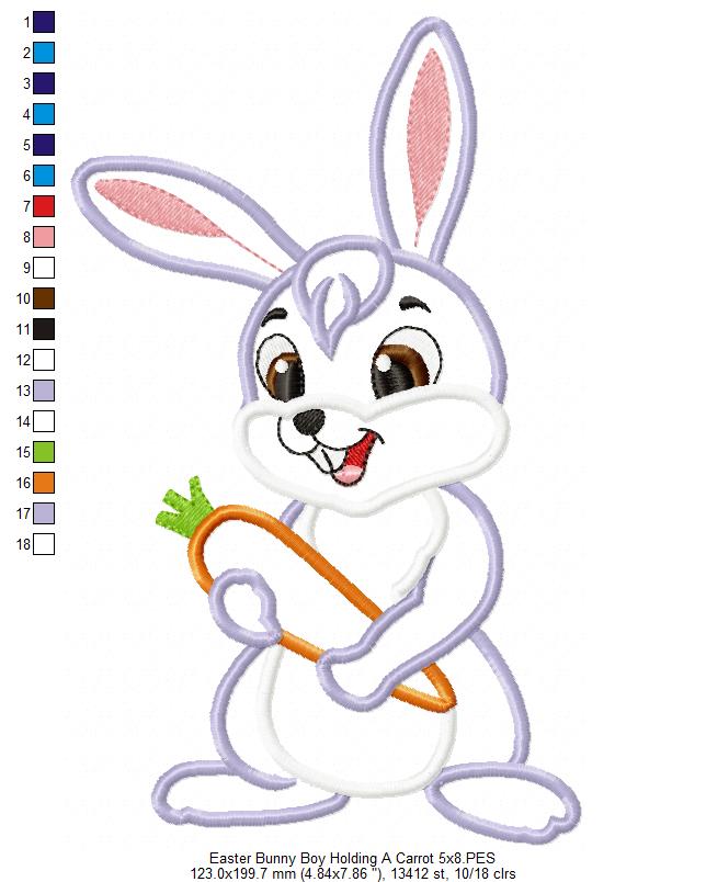 Easter Bunny Boy Holding a Carrot - Applique - Machine Embroidery Design