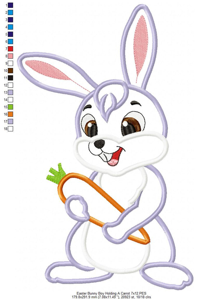 Easter Bunny Boy Holding a Carrot - Applique - Machine Embroidery Design