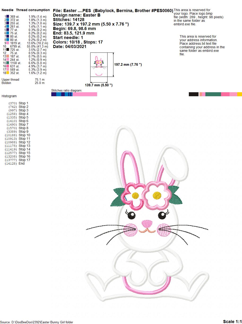 Bunny Girl - Applique - Machine Embroidery Design