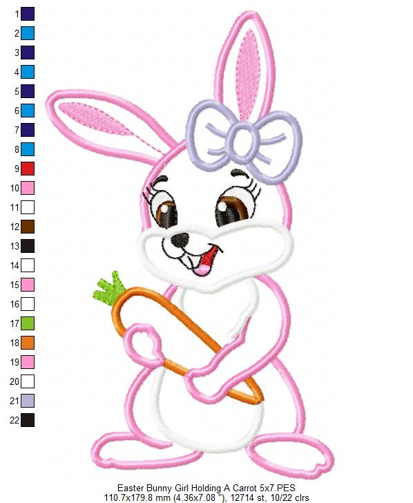 Easter Bunny Girl Holding a Carrot - Applique Embroidery