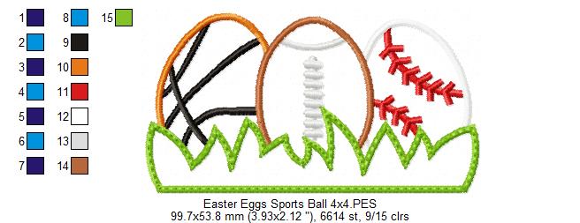 Easter Eggs Sports Balls - Applique - Basketball, Football and baseball