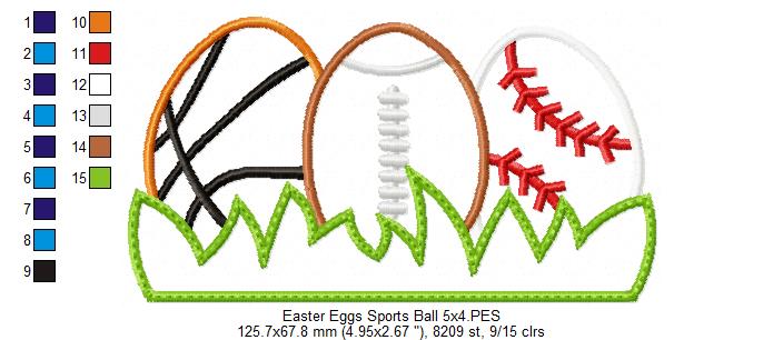 Easter Eggs Sports Balls - Applique - Basketball, Football and baseball