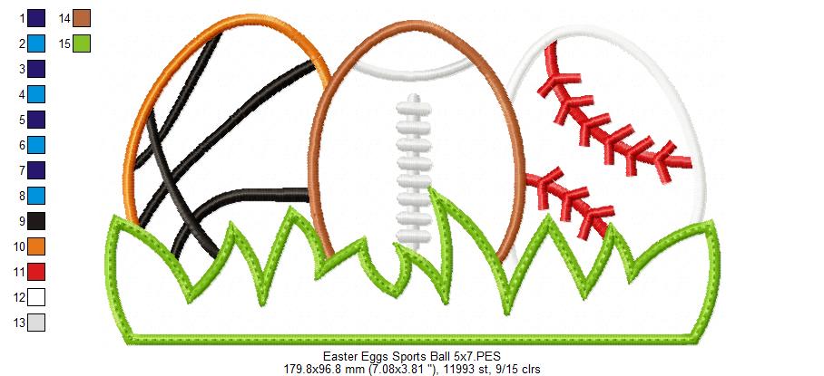 Easter Eggs Sports Balls - Applique - Basketball, Football and baseball