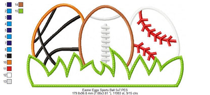 Easter Eggs Sports Balls - Applique - Basketball, Football and baseball