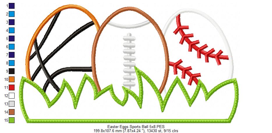 Easter Eggs Sports Balls - Applique - Basketball, Football and baseball