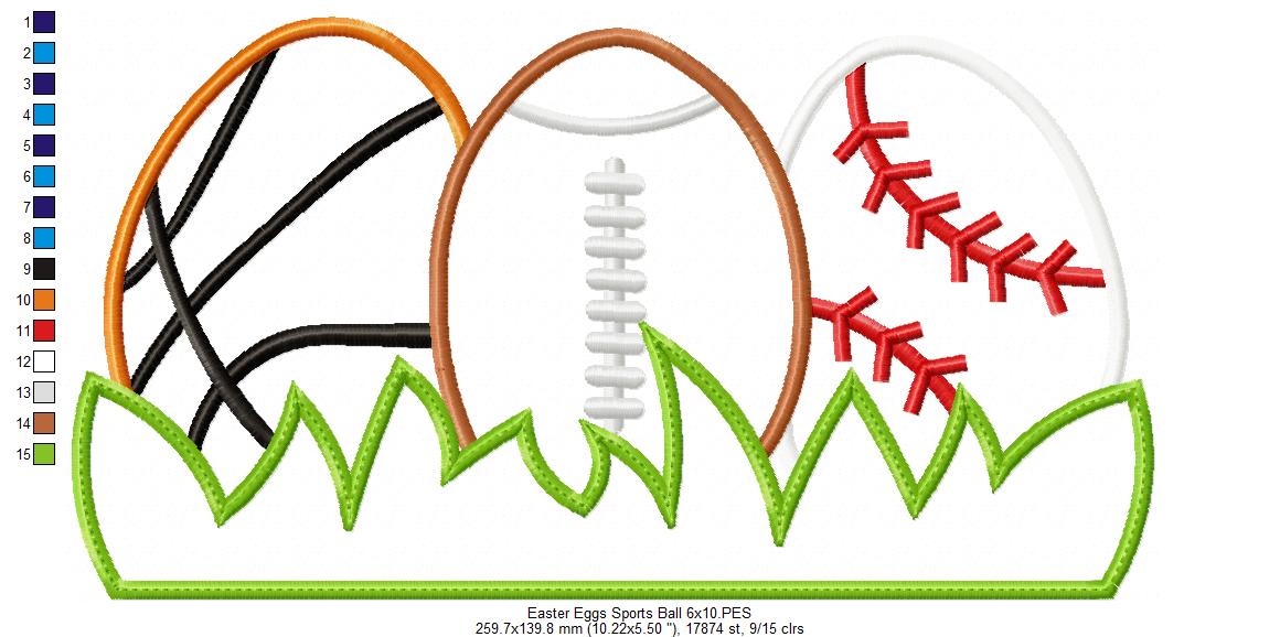 Easter Eggs Sports Balls - Applique - Basketball, Football and baseball