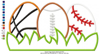 Easter Eggs Sports Balls - Applique - Basketball, Football and baseball