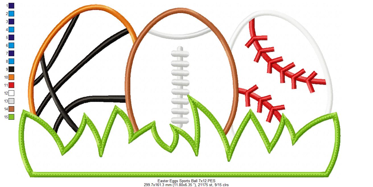 Easter Eggs Sports Balls - Applique - Basketball, Football and baseball
