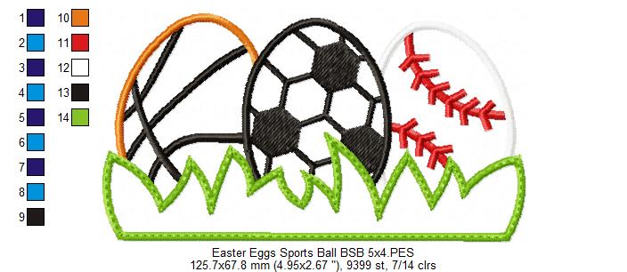 Easter Eggs Sports Balls - Applique - Basketball, Soccer and baseball