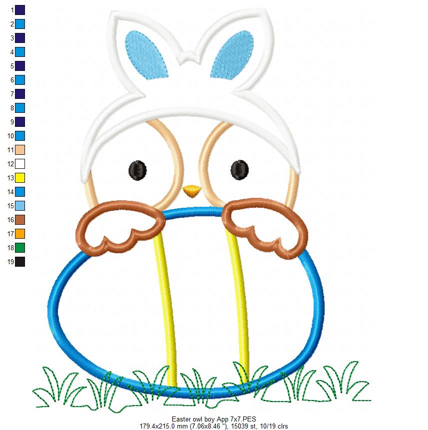 Cute Easter Owl with Bunny Ears - Appliqué - Machine Embroidery Design