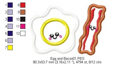 Cute Egg and Bacon - Applique - Machine Embroidery Design