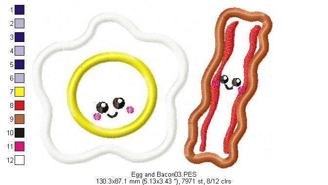 Cute Egg and Bacon - Applique - Machine Embroidery Design
