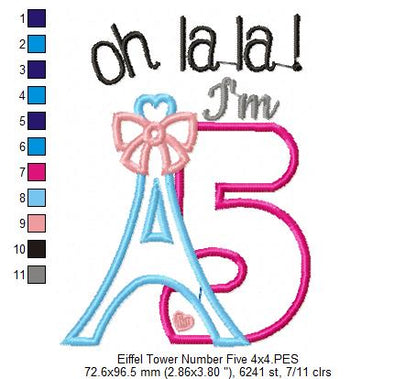 Oh La La! I'm Five Eiffel Tower 5th Birthday - Applique