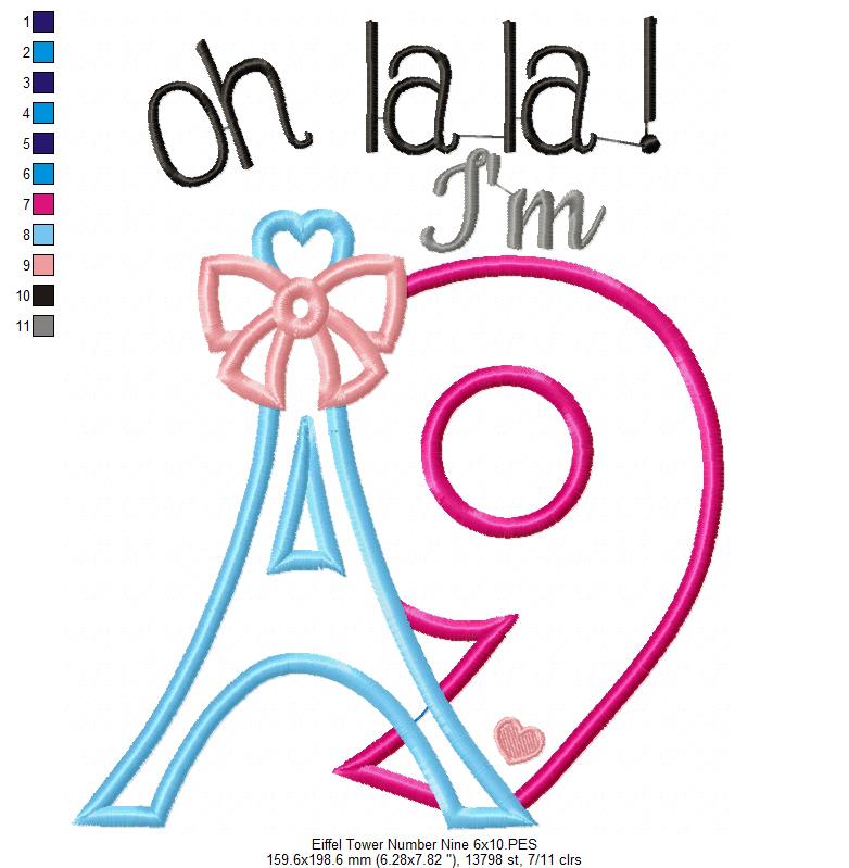 Oh La La! I'm Nine Eiffel Tower 9th Birthday - Applique