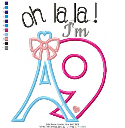Oh La La! I'm Nine Eiffel Tower 9th Birthday - Applique