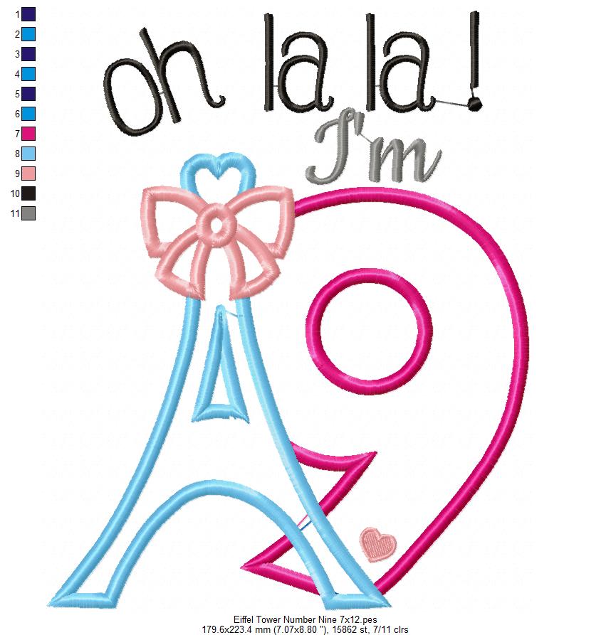 Oh La La! I'm Nine Eiffel Tower 9th Birthday - Applique