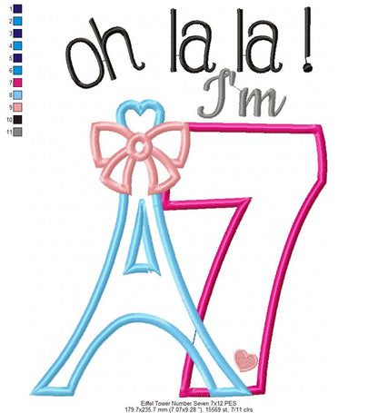 Oh La La! I'm Seven Eiffel Tower 7th Birthday - Applique