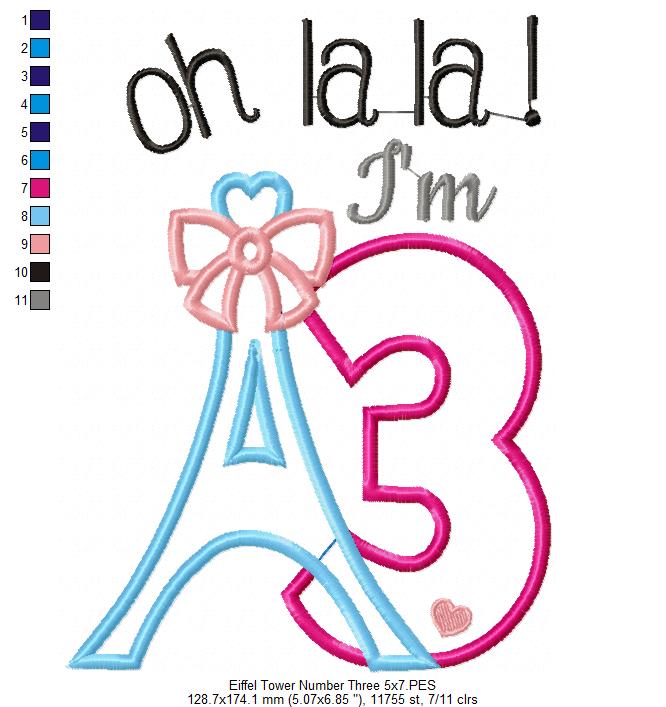 Oh La La! I'm Three Eiffel Tower 3rd Birthday - Applique