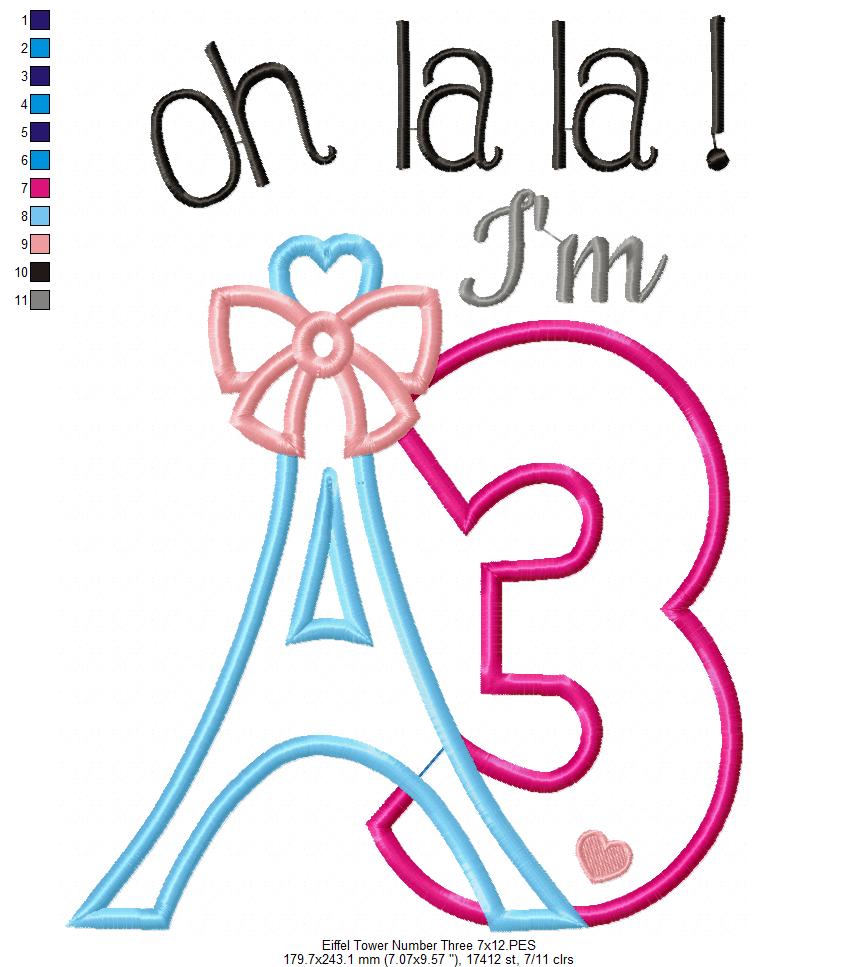 Oh La La! I'm Three Eiffel Tower 3rd Birthday - Applique