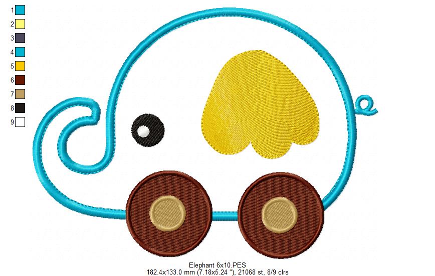 Cute Little Animals with Wheels - Applique - Set of 3 designs