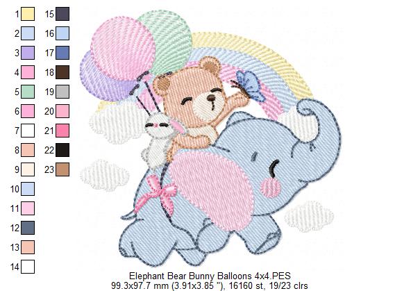 Elephant, Bear and Bunny Flying - Fill Stitch