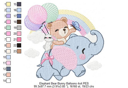 Elephant, Bear and Bunny Flying - Fill Stitch